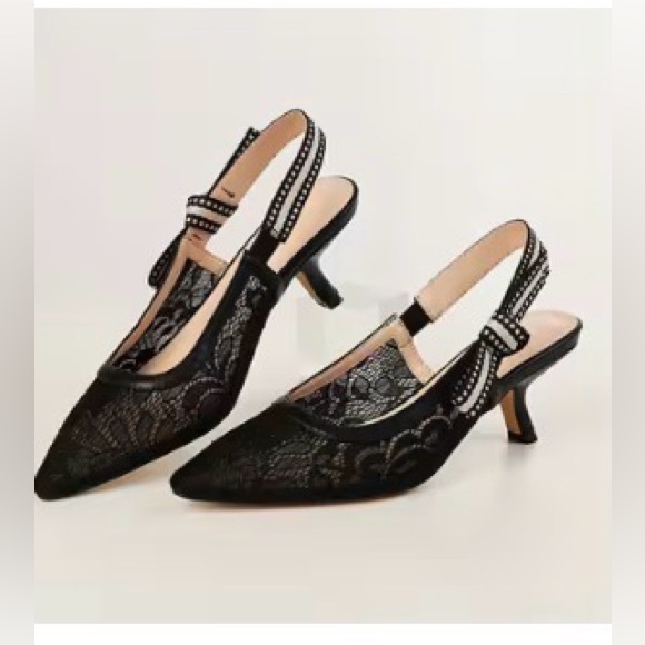 Women Slingback Kitten Heels Closed Pointed Toe Bowknot Knitted Slip - Picture 2 of 5